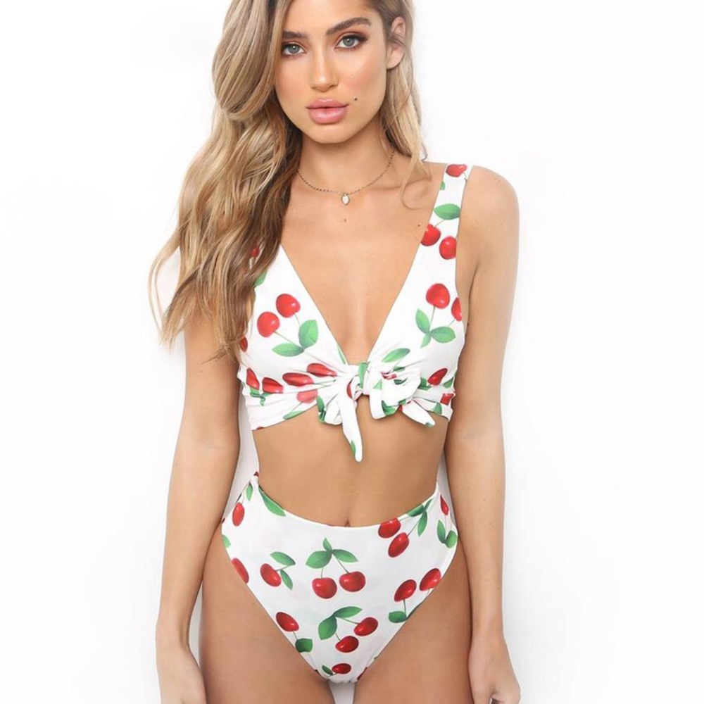 Cherry white tie front bikini set
